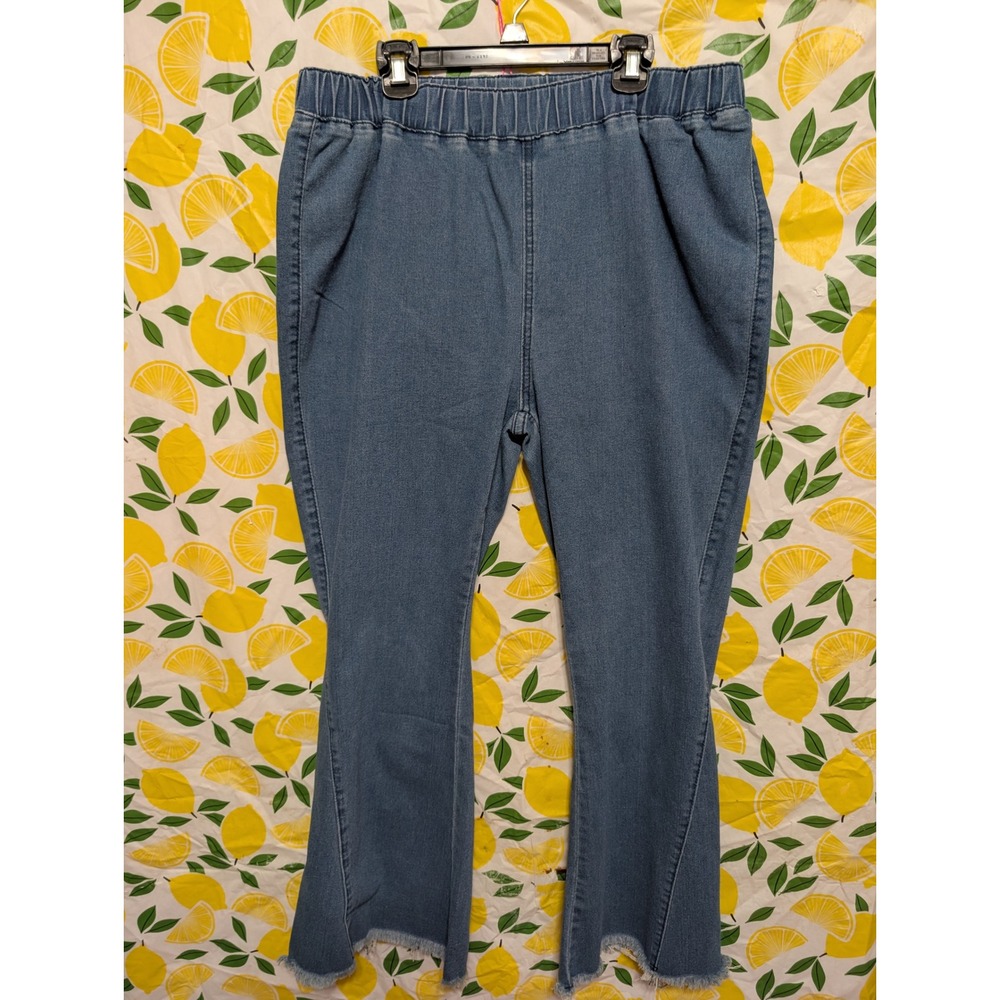 Unbranded Flare Denim Pants Womens 1XL Blue Very Good Elastic Waist Raw Hem